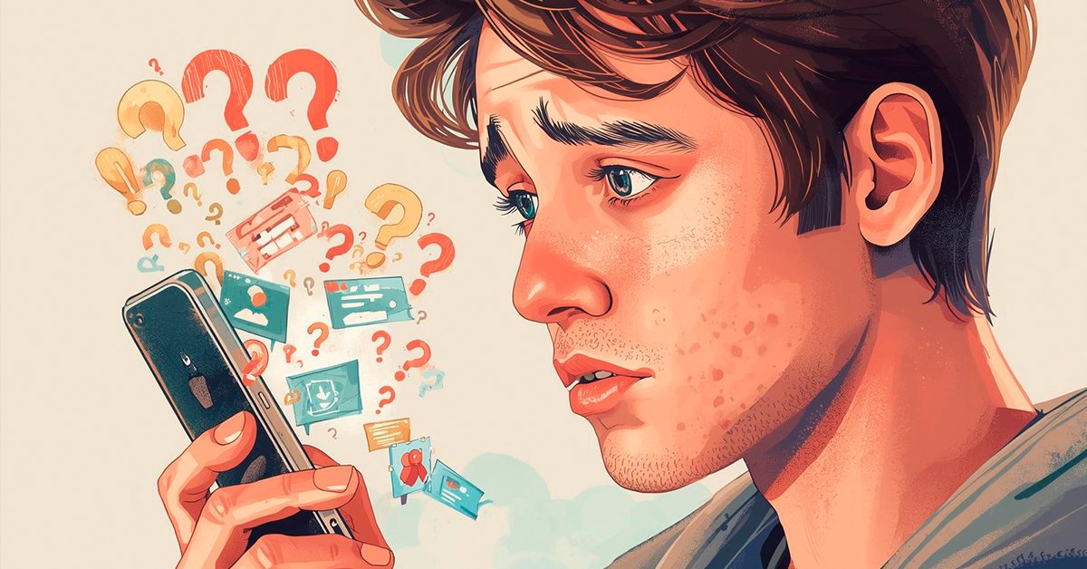 Busca-Virtude-Pessoa-confusa-olhando-para-celular-com-varias-notificacoes-e-pontos-de-interrogacao-ao-redor Por Que Você Deveria Parar de Repassar Tudo Que Recebe nas Redes Sociais?