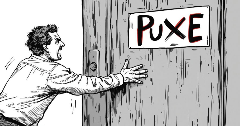 Pessoa-empurra-insistente-uma-porta-com-placa-_puxe-1024x536 Quando Desistir Ainda Não É Uma Opção? Perseverança vs Teimosia