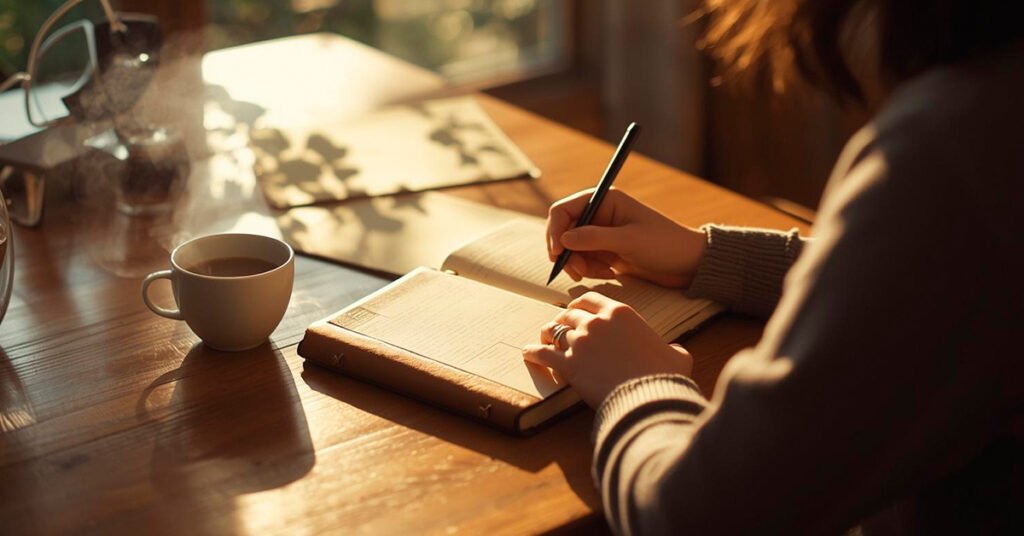 Pessoa-escrevendo-em-um-diario-pela-manha-com-uma-xicara-de-cafe-1024x536 O que faz do trabalho uma virtude? Descubra o poder da dedicação