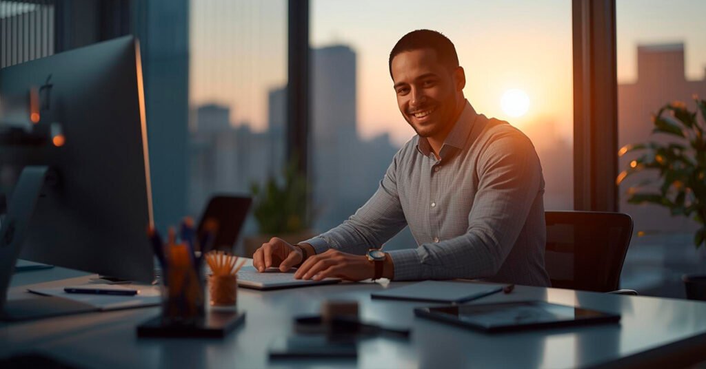Profissional-sorrindo-enquanto-organiza-seu-ambiente-de-trabalho-ao-amanhecer-1024x536 O que faz do trabalho uma virtude? Descubra o poder da dedicação
