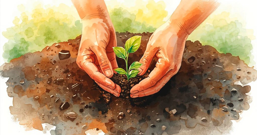 maos-plantando-uma-pequena-muda-em-solo-fertil-com-luz-suave-iluminando-a-cena-tons-terrosos-e-verdes-naturais-estilo-aquarela-delicada-simbolizando-crescimento-autentico-e-cuidado-1024x536 A Armadilha da Ostentação: Como Recuperar Sua Autenticidade
