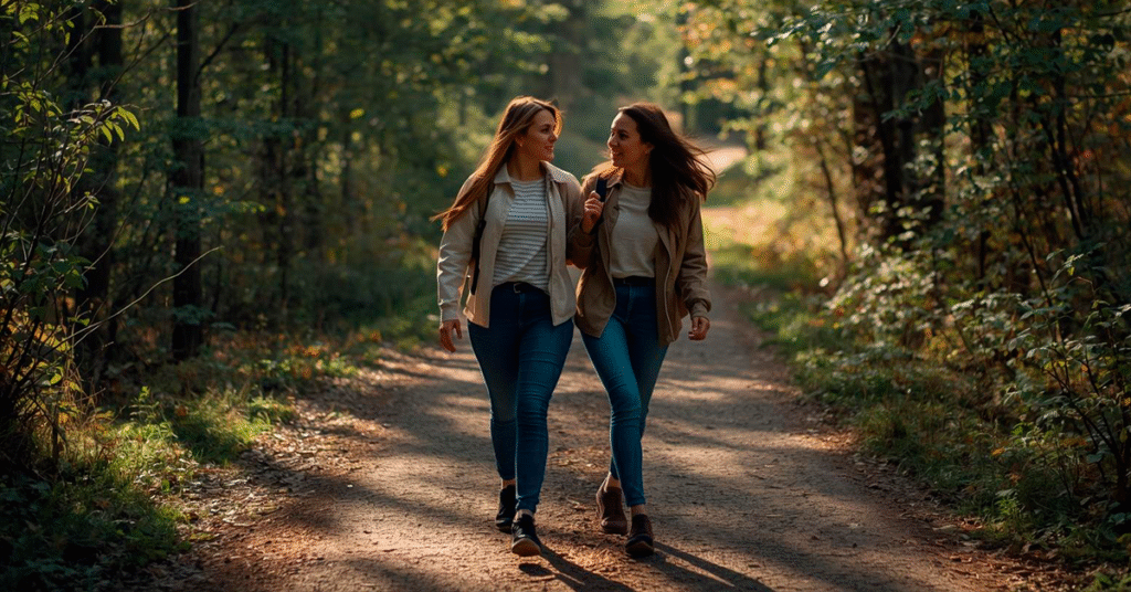 Amizade_Dois-amigos-caminhando-lado-a-lado-em-uma-trilha-natural-conversando-1024x536 Por Que Você Precisa Trocar o Virtual pelo Real (E Como Começar Hoje)