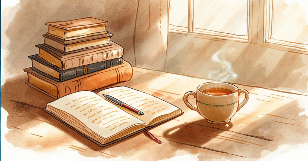 Ilustracao-aconchegante-de-uma-mesa-de-madeira-com-livros-empilhados-um-caderno-aberto-uma-caneta-e-uma-xicara-de-cha-fumegante-1024x536 O Que É a Fé? Descubra Como Praticar Essa Virtude Transformadora