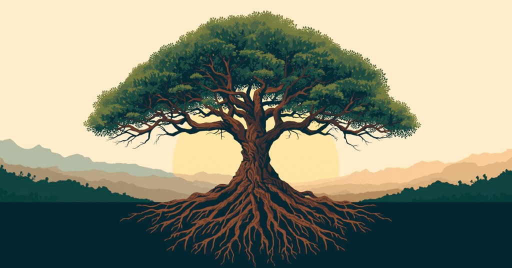 Ilustracao-de-uma-arvore-forte-com-raizes-profundas-e-copa-frondosa-ao-fundo-montanhas-e-ceu-ao-entardecer-1024x536 Como Ter Coragem para Ser Líder Sem Perder o Equilíbrio da Vida