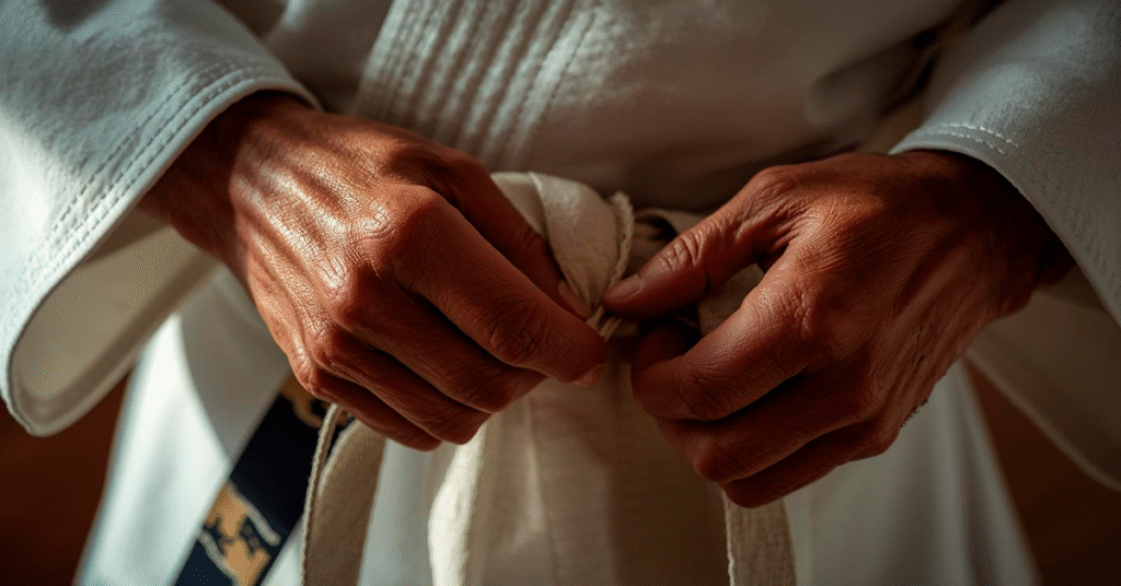 Maos-maduras-amarrando-faixa-de-aikido-no-kimono-close-up-delicado-luz-natural-suave-atmosfera-contemplativa-e-respeitosa-estilo-fotografico-realista-cores-quentes-e-acolhedoras-1024x536 Como Encontrar Disciplina e Propósito nas Artes Marciais Mesmo Se Você Não É Mais Jovem