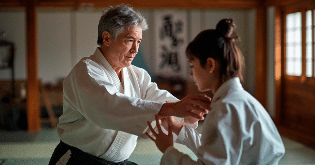 Praticante-de-aikido-de-meia-idade-ajudando-colega-mais-jovem-com-tecnica-atmosfera-de-cooperacao-e-respeito-mutuo-1024x536 Como Encontrar Disciplina e Propósito nas Artes Marciais Mesmo Se Você Não É Mais Jovem