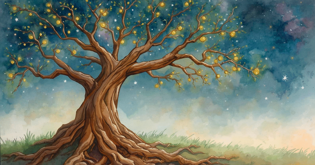 arvore-com-raizes-profundas-e-galhos-se-estendendo-em-direcao-ao-ceu-com-pequenos-brotos-dourados-crescendo-1024x536 O Poder da Fé Para Se Levantar Depois de Cair