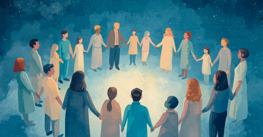 circulo-de-pessoas-diversas-de-maos-dadas-sob-um-ceu-estrelado-silhuetas-suaves-em-tons-pasteis-luz-emanando-do-centro-do-circulo-1024x536 O Que É a Fé? Descubra Como Praticar Essa Virtude Transformadora