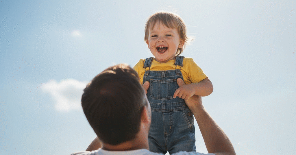 crianca-sorrindo-genuinamente-enquanto-e-erguida-nos-bracos-do-pai-1024x536 A Responsabilidade Paterna que Falta a Tantos Homens