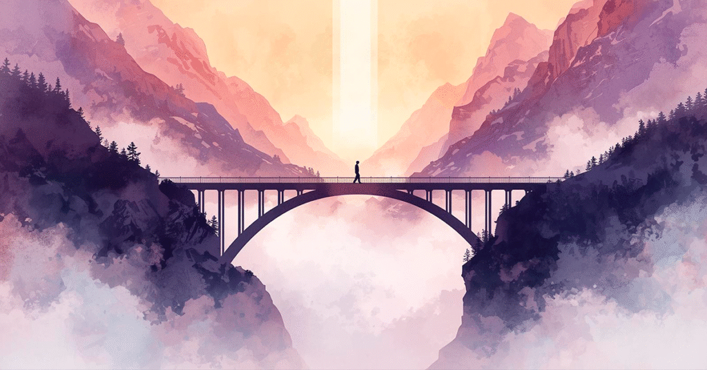 lustracao-de-uma-ponte-conectando-duas-montanhas-sobre-vale-nublado-com-pessoa-caminhando-pela-ponte-em-direcao-a-luz-estilo-aquarela-inspirador-cores-suaves-1024x536 Como Ter Coragem para Ser Líder Sem Perder o Equilíbrio da Vida