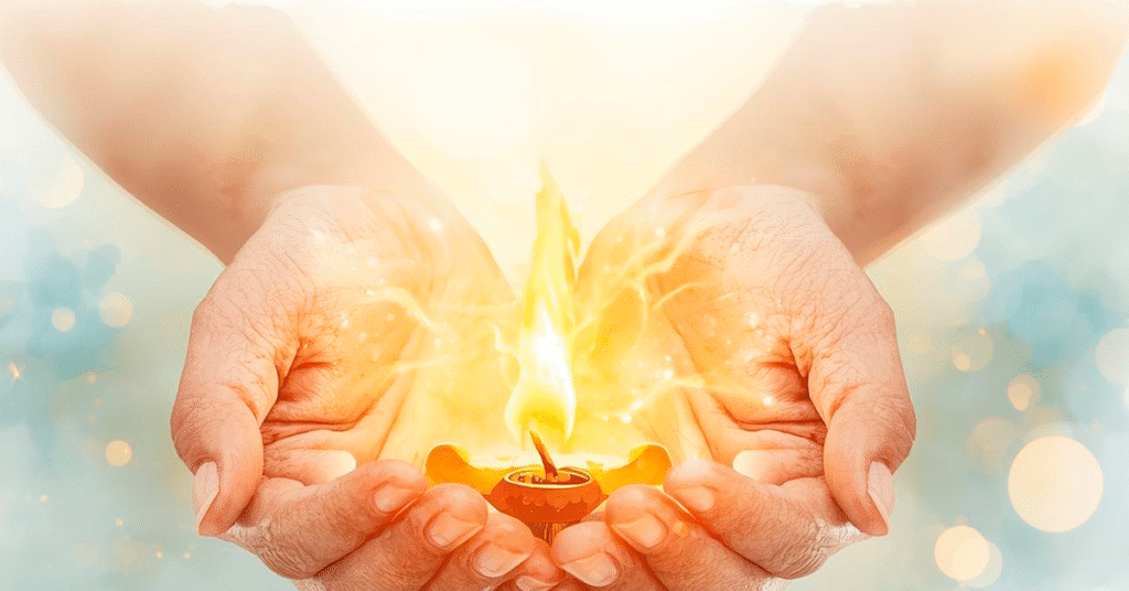 maos-estendidas-segurando-delicadamente-uma-pequena-chama-brilhante-fundo-desfocado-em-tons-azuis-suaves-e-dourados-estilo-aquarela-delicada-luz-emanando-da-chama-1024x536 O Que É a Fé? Descubra Como Praticar Essa Virtude Transformadora