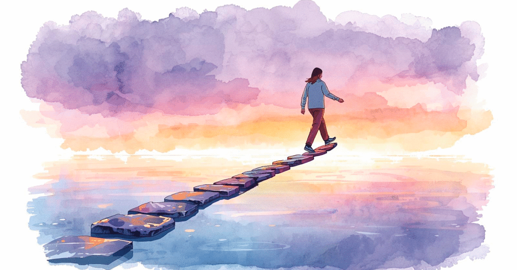 pessoa-caminhando-por-uma-trilha-de-pedras-sobre-um-rio-calmo-o-proximo-passo-esta-sobre-o-ar-porque-o-caminho-ainda-esta-surgindo-1024x536 O Que É a Fé? Descubra Como Praticar Essa Virtude Transformadora