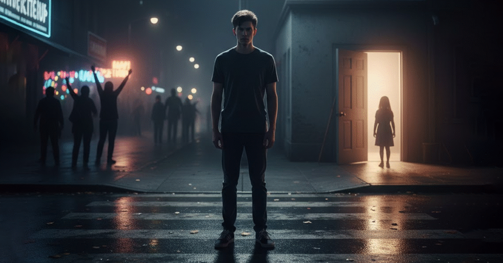 um-homem-jovem-em-uma-encruzilhada-uma-direcao-mostra-luzes-de-festa-e-diversao-desfocadas-outra-direcao-mostra-luz-suave-iluminando-uma-porta-com-sombra-de-crianca-esperando-1024x536 A Responsabilidade Paterna que Falta a Tantos Homens