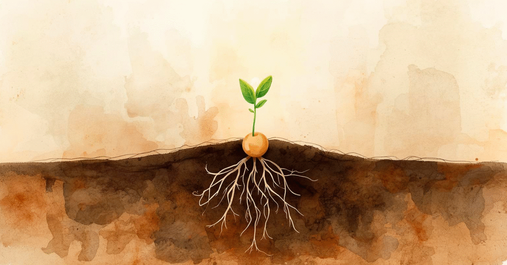 uma-semente-brotando-em-solo-fertil-com-raizes-delicadas-se-expandindo-e-um-pequeno-broto-verde-emergindo-em-direcao-a-luz-1024x536 O Que É a Fé? Descubra Como Praticar Essa Virtude Transformadora